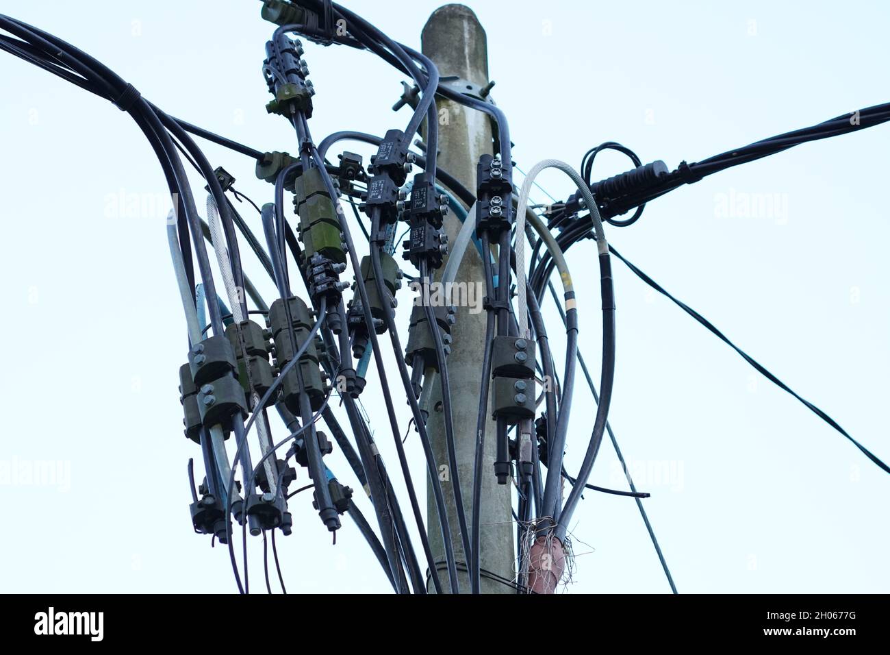 The connection of electricity cable at electric power pool Stock Photo