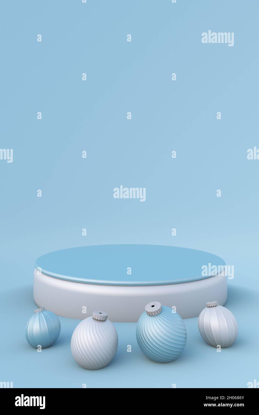 3D pastel blue pedestal podium steps with Christmas balls for brand promotion product. Creative minimal festive background for advertising presentatio Stock Photo