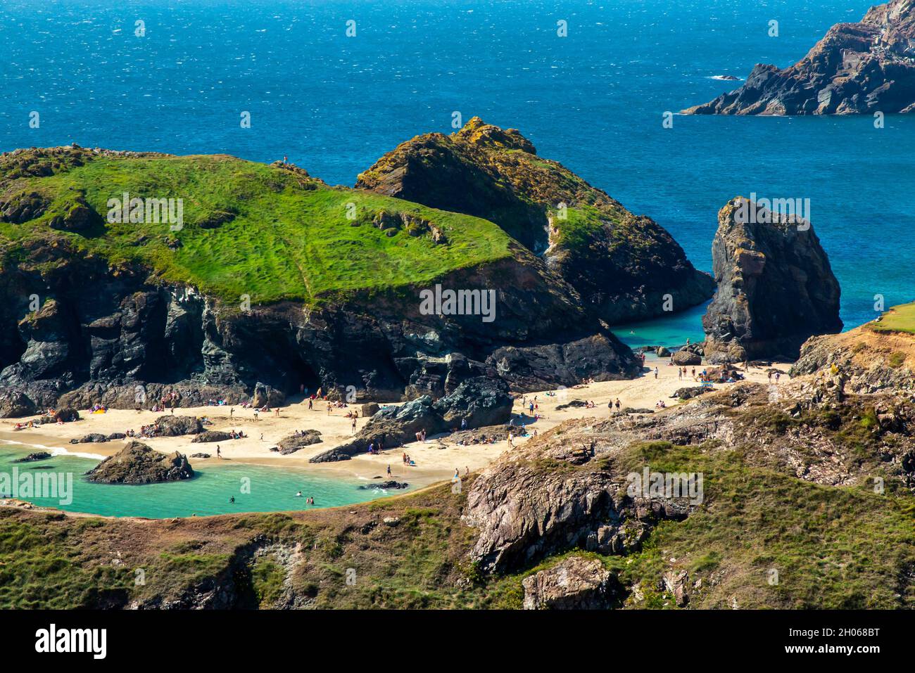 Rocky cliffs at Kynance Cove on the Lizard on the South West Coast Path Cornwall England UK. Stock Photo