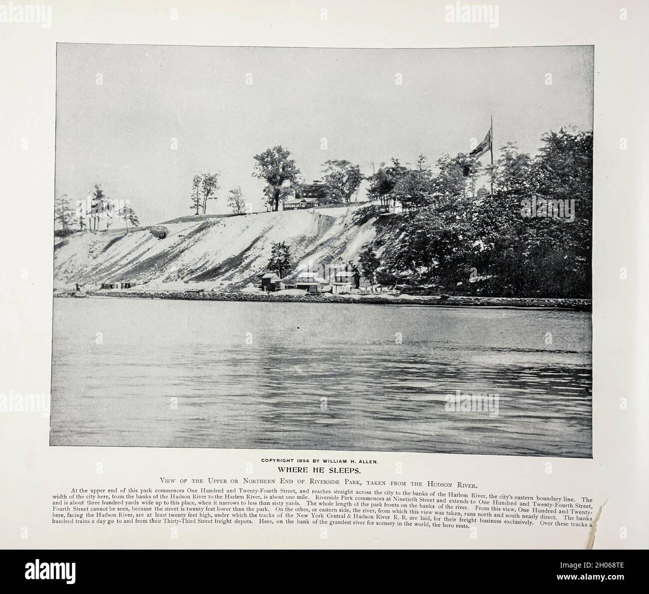 WHERE HE SLEEPS.  View of the Upper or Northern End of Riverside Park, taken from the Hudson River. from The American Civil War book and Grant album : 'art immortelles' : a portfolio of half-tone reproductions from rare and costly photographs designed to perpetuate the memory of General Ulysses S. Grant, depicting scenes and incidents in connection with the Civil War Published  in Boston and New York by W. H. Allen in 1894 Stock Photo