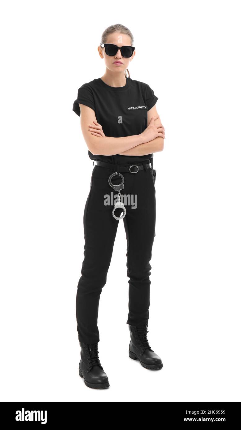 Female security guard in uniform on white background Stock Photo - Alamy