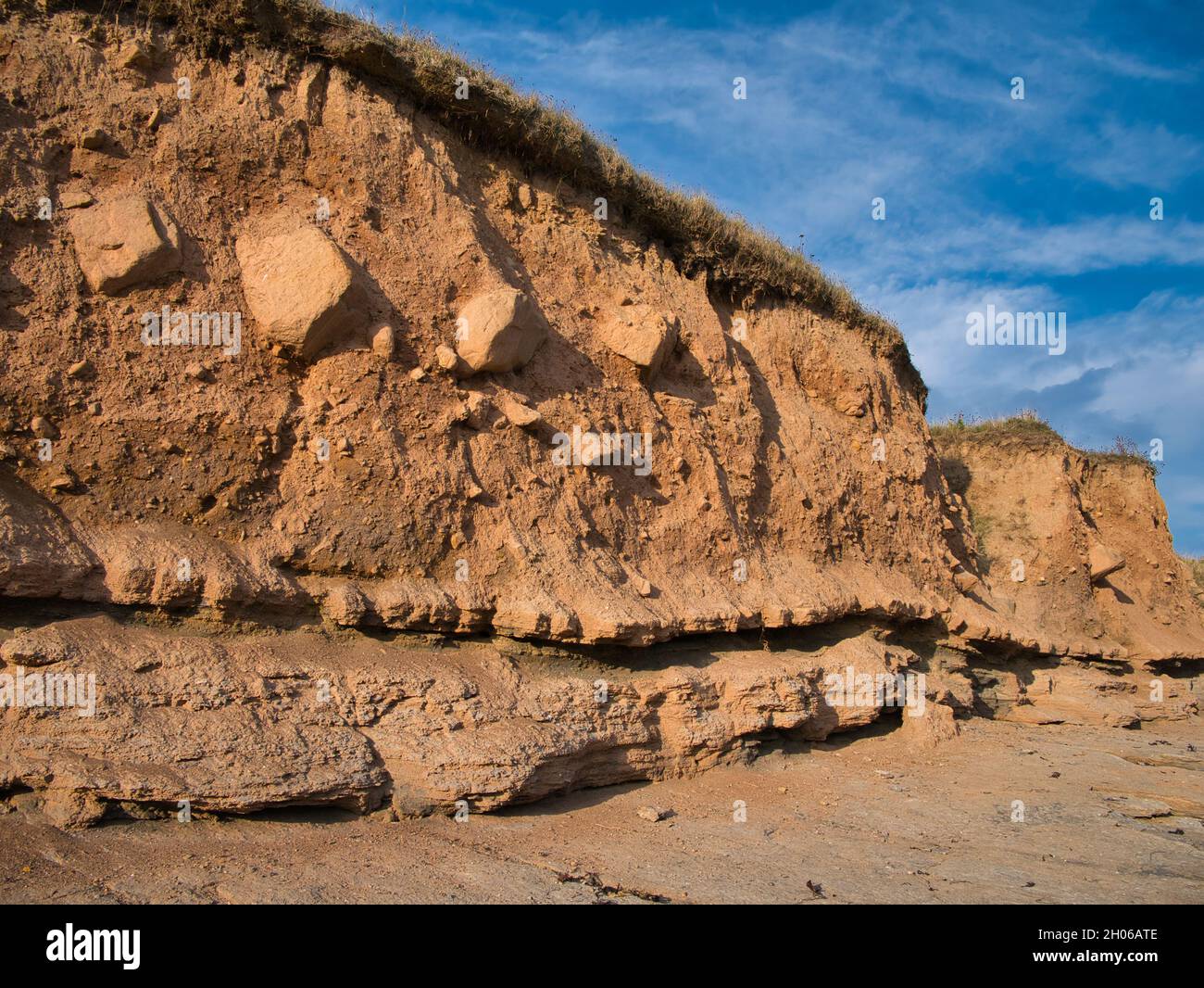 Superficial coastal deposits formed of layers of soft, eroded blown