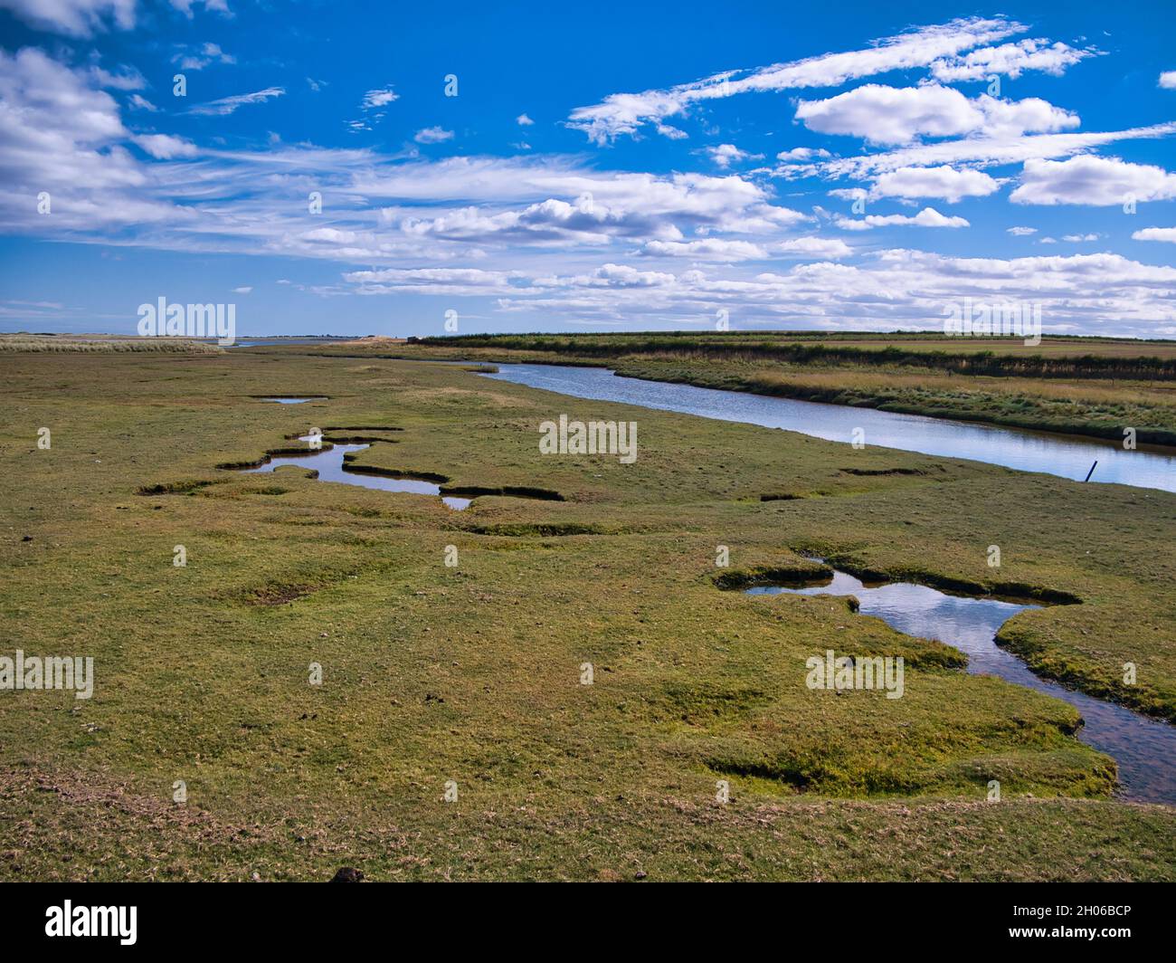 Coastal wetlands in Northumberland, England, UK. Taken on a sunny day in summer with blue sky and white clouds. Stock Photo