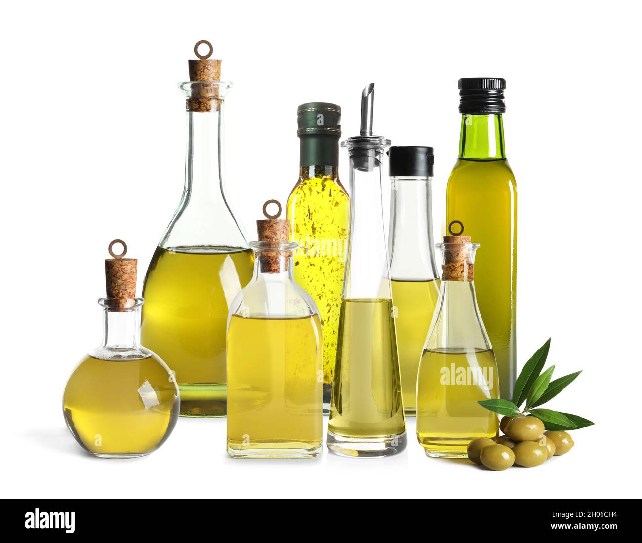 Set with olive oil bottles on white background Stock Photo Alamy