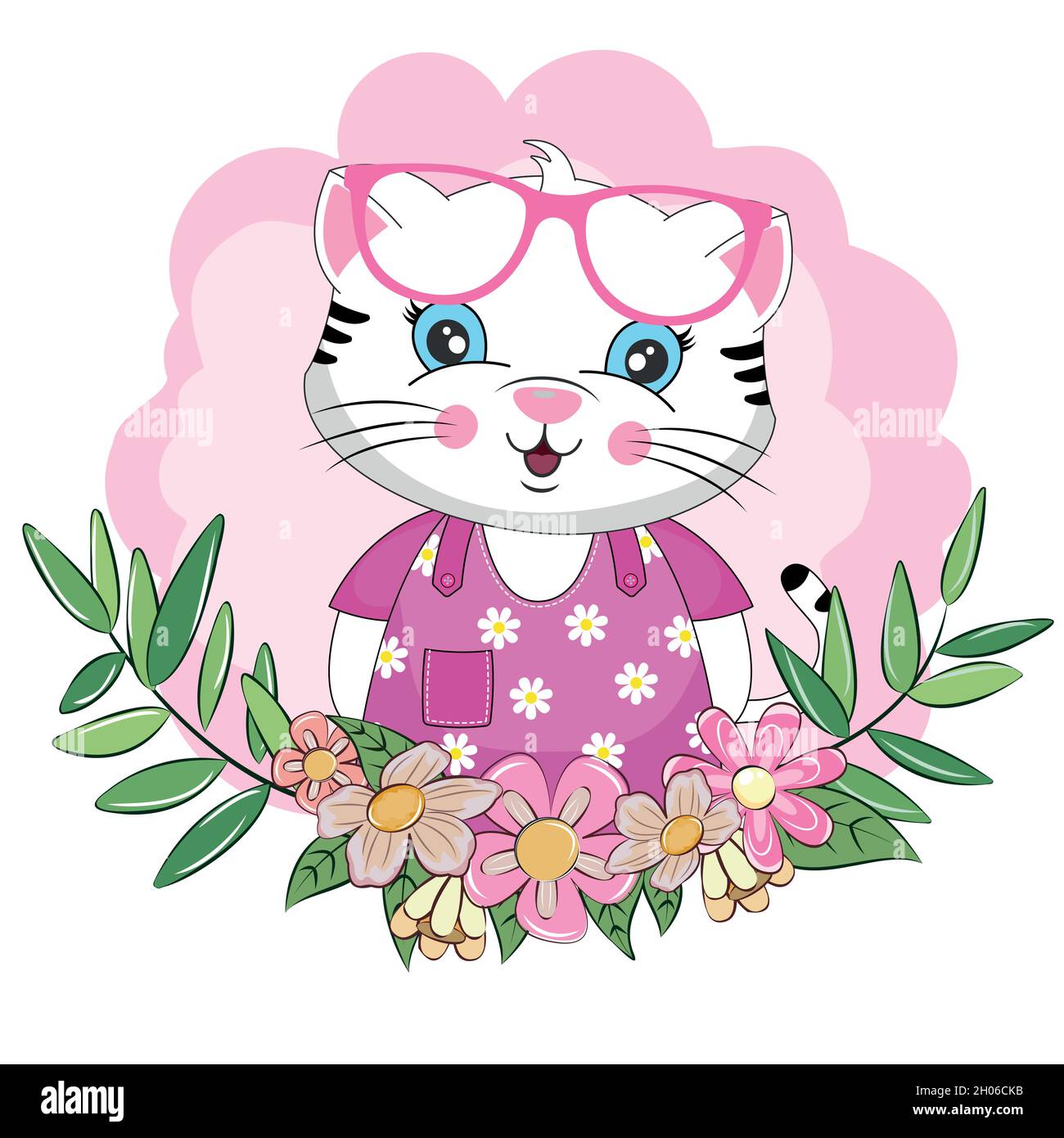 Cute cartoon baby cat in sunglasses with beautiful flowers Stock Vector  Image & Art - Alamy