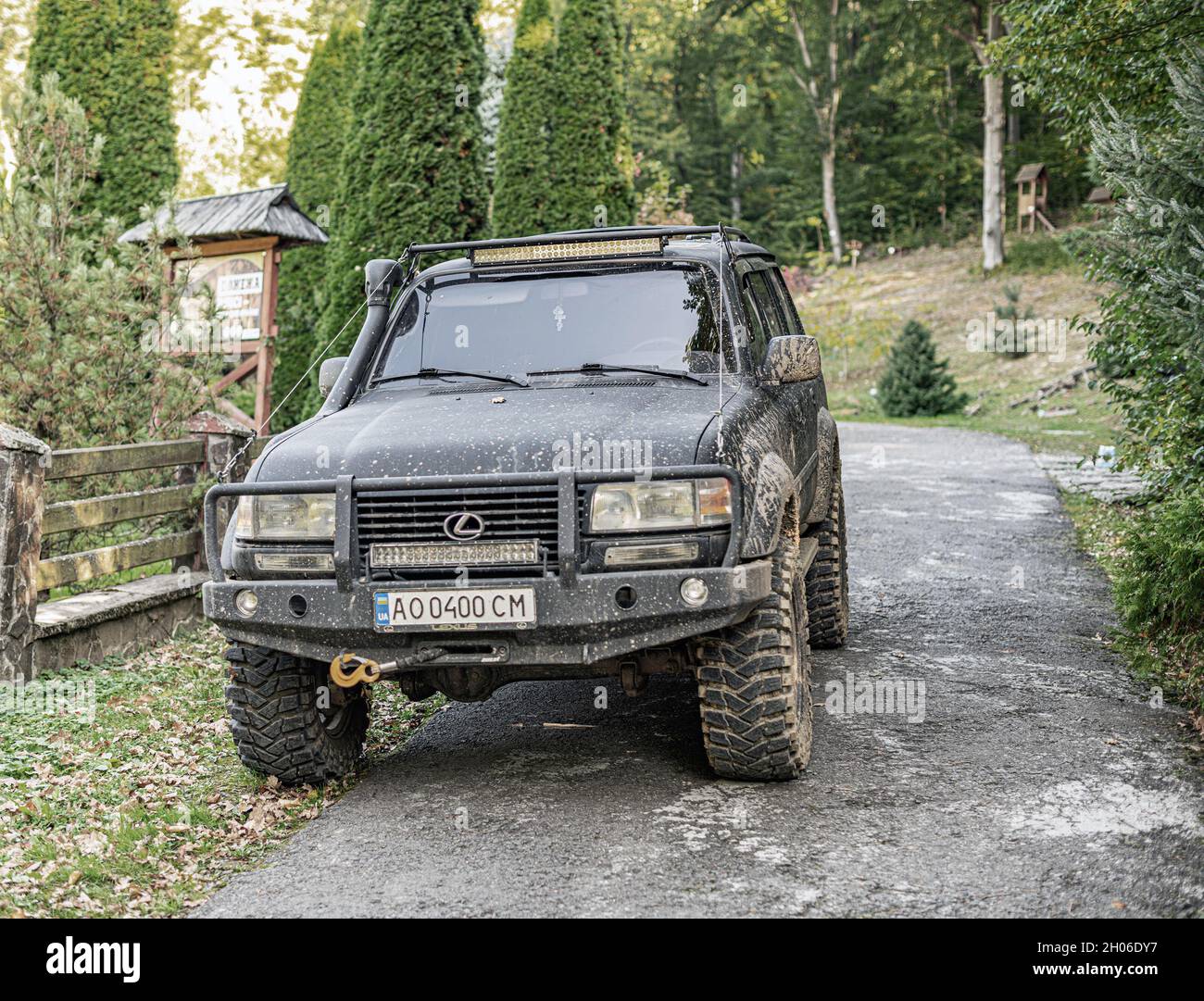 Old SUV Lexus in the woods. Stock Photo