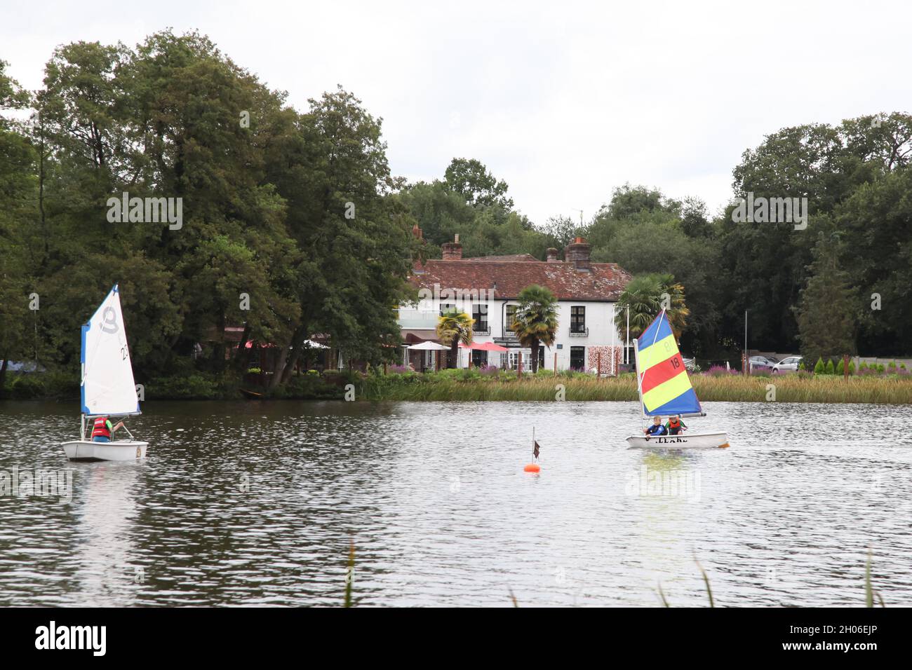 Frensham Pond Sailing club from across Frensham Great Pond, West Surrey, England, UK, 2021 August Stock Photo