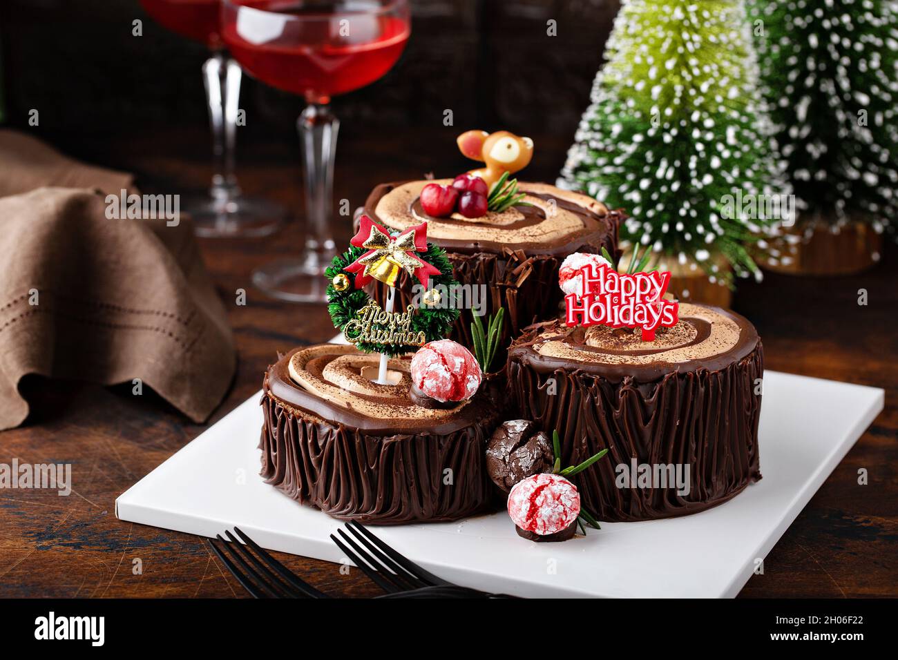 Yule log chocolate cake with frosting for Christmas Stock Photo Alamy