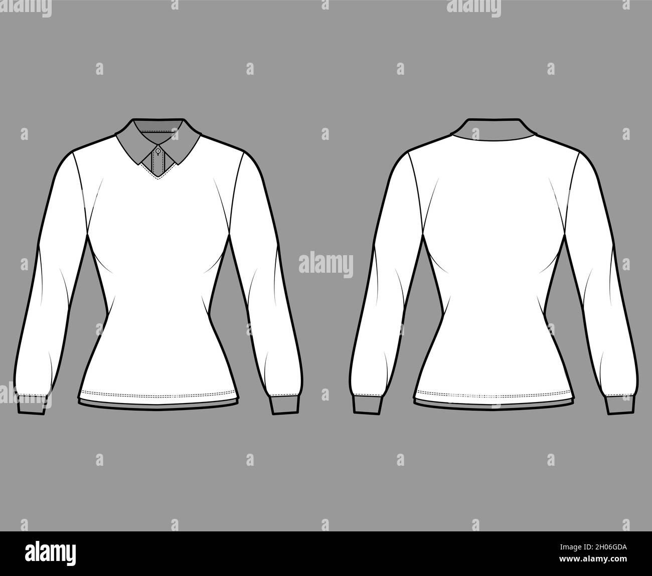 Shirt double collar technical fashion illustration with long sleeves, tunic length, henley neck, fitted body, classic collar. Apparel top outwear template front, back, white color. Women CAD mockup Stock Vector