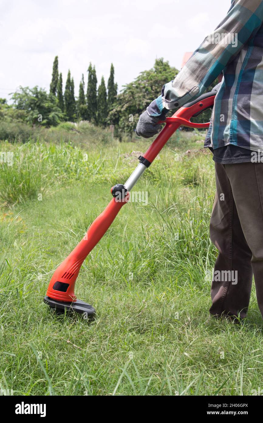 Gardener using a lawn trimmer mower cutting grass in the garden Stock Photo