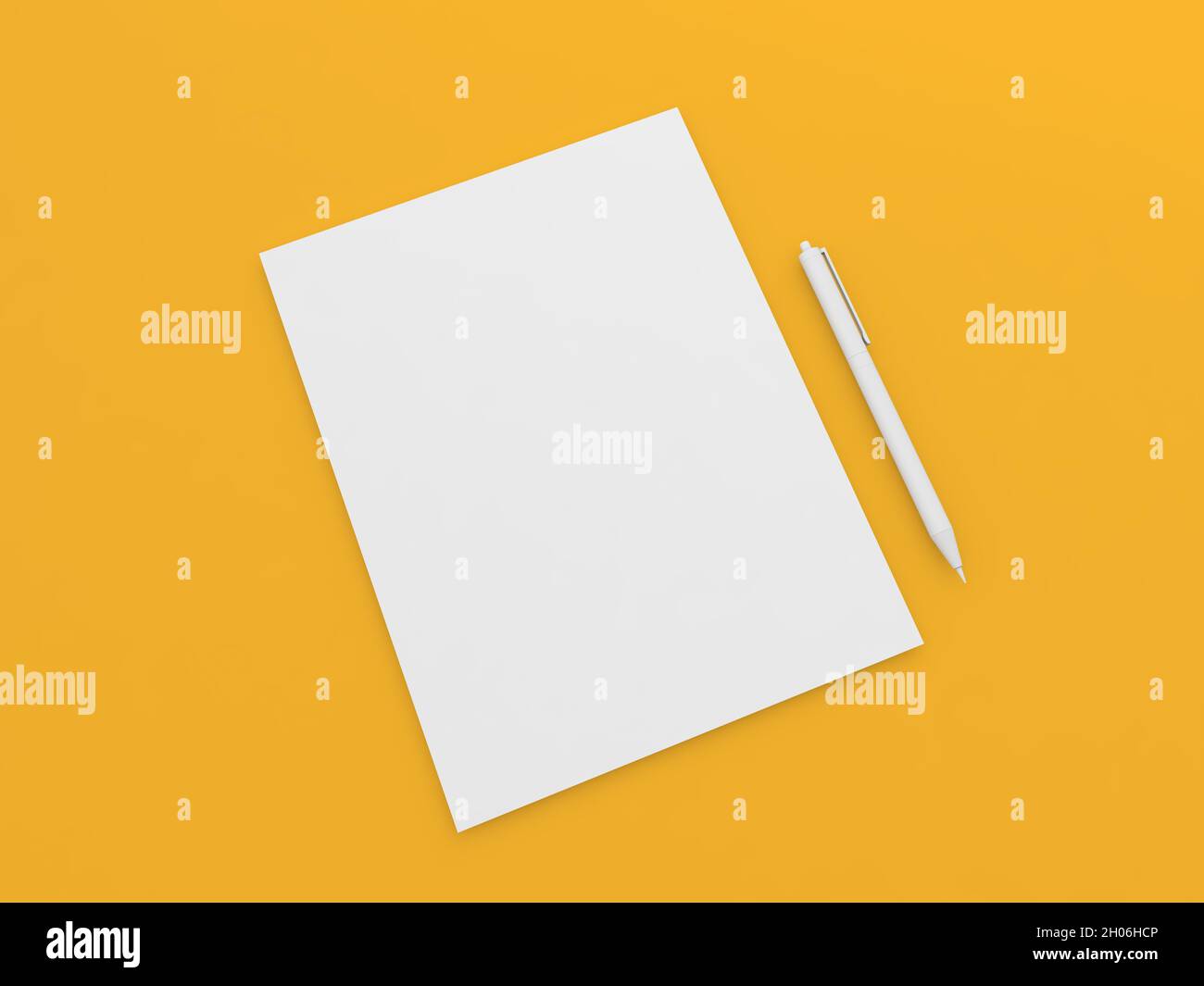 A4 paper sheet and pen on a yellow background. 3d render illustration. Stock Photo