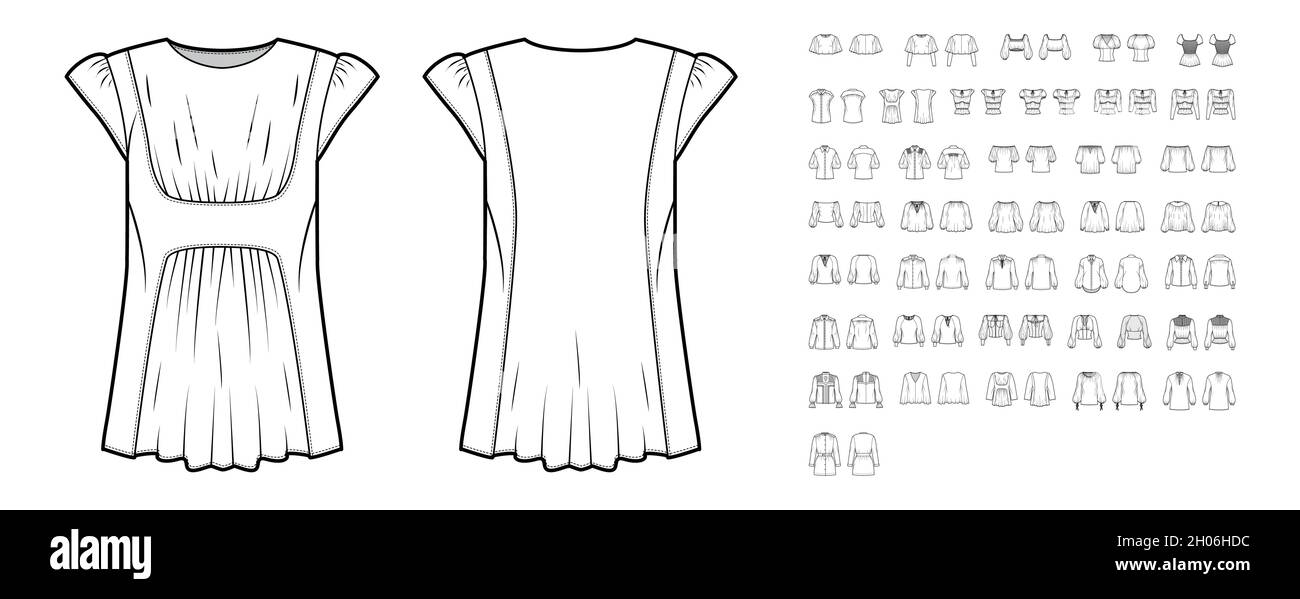 Set of blouses with gathered elements technical fashion illustration with crop tunic length, fitted relax body. Flat shirt apparel top template front, back, white color. Women, men unisex CAD mockup Stock Vector