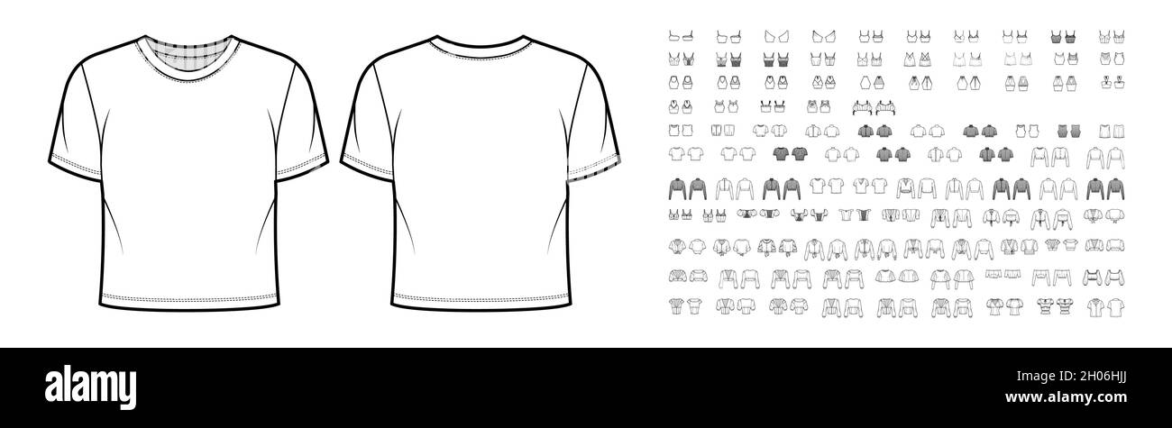 Set of cropped tops, shirts, tanks, blouses technical fashion illustration with fitted oversized body, scoop neck, short long sleeves. Flat apparel template front, back, white color. Women, men unisex Stock Vector