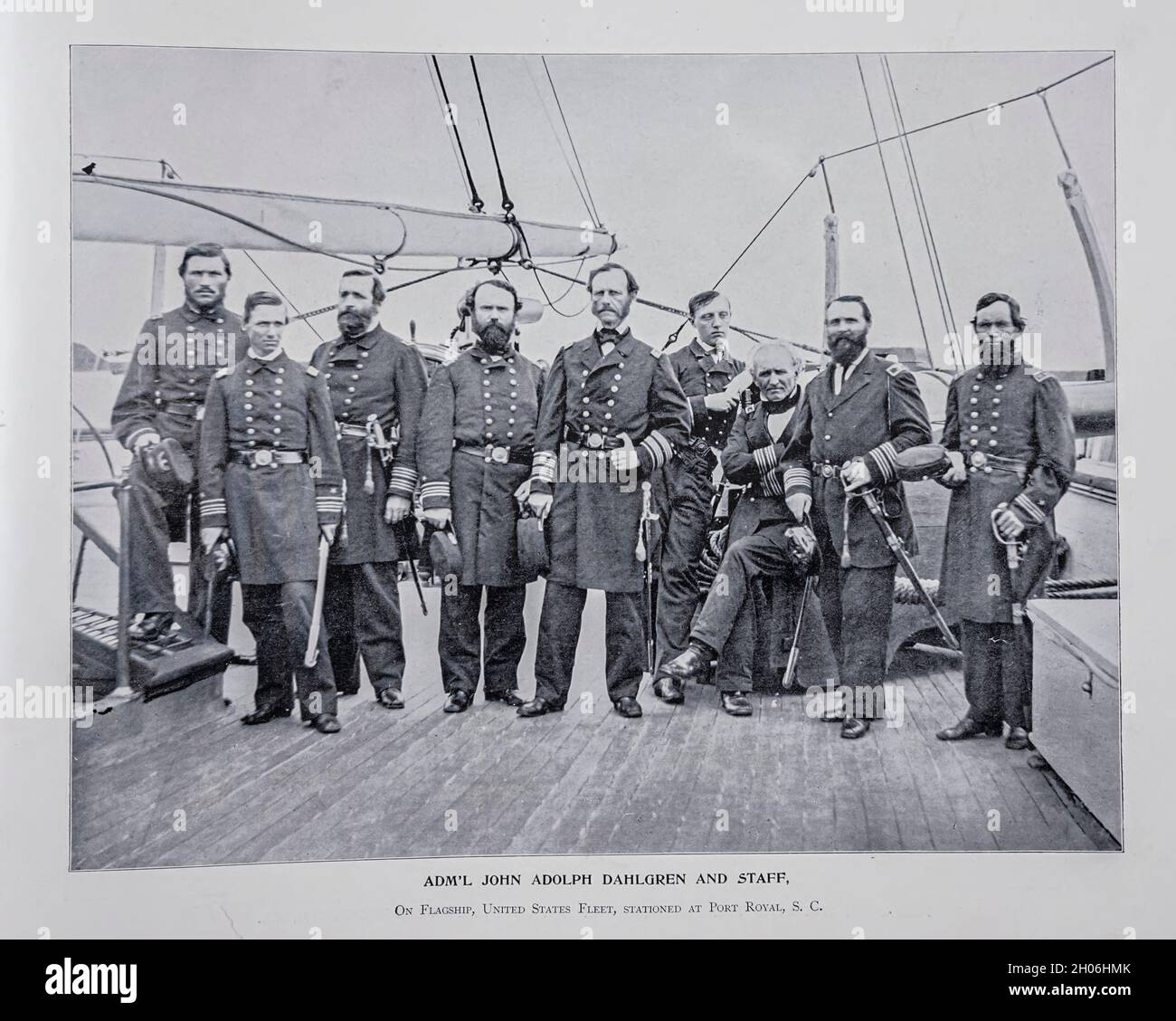 ADMIRAL JOHN ADOLPH DAHLGREN AND STAFF, On Flagship, United States Fleet, stationed at Port Royal, SC.  from The American Civil War book and Grant album : 'art immortelles' : a portfolio of half-tone reproductions from rare and costly photographs designed to perpetuate the memory of General Ulysses S. Grant, depicting scenes and incidents in connection with the Civil War Published  in Boston and New York by W. H. Allen in 1894 Stock Photo