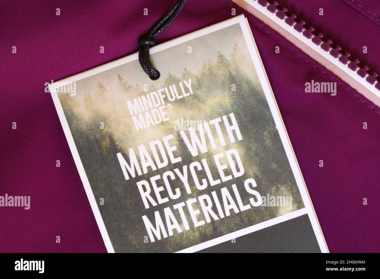 Mindfully made made with recycled materials - label on Craghoppers jacket Stock Photo