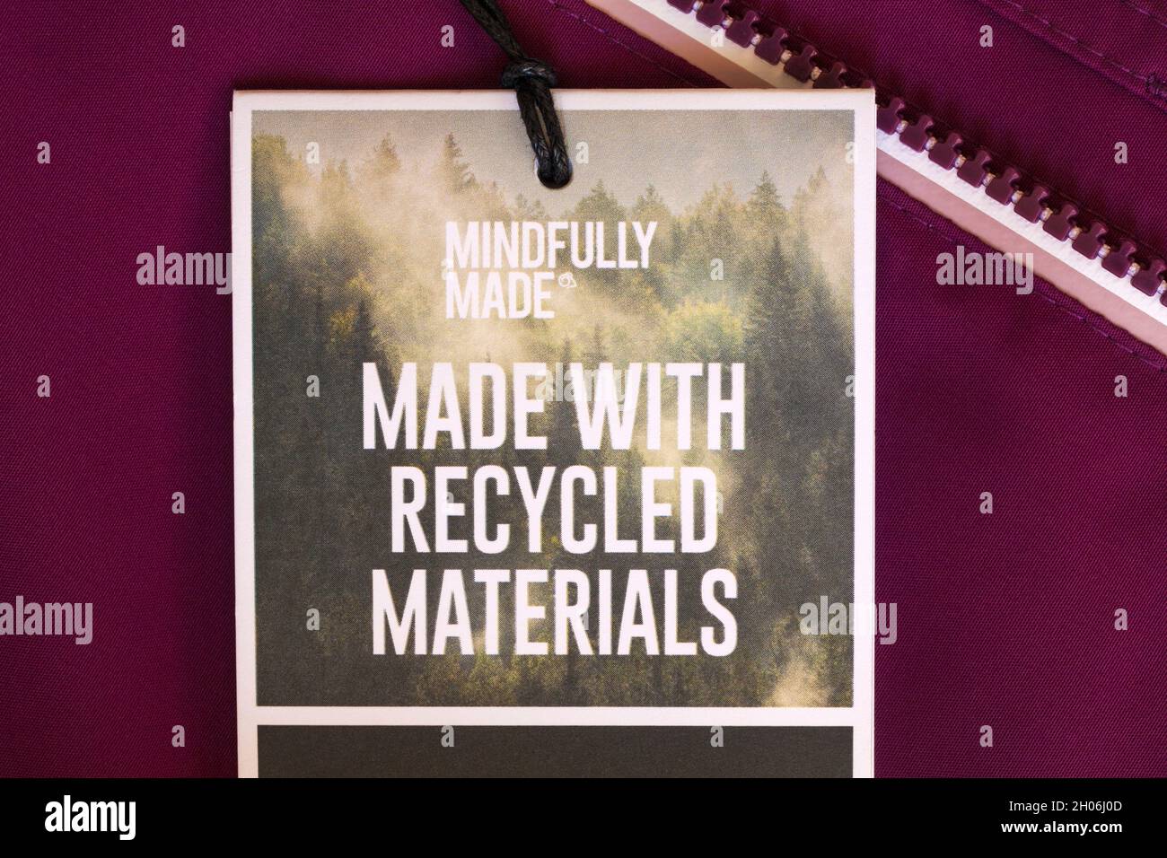 Mindfully made made with recycled materials - label on Craghoppers jacket Stock Photo