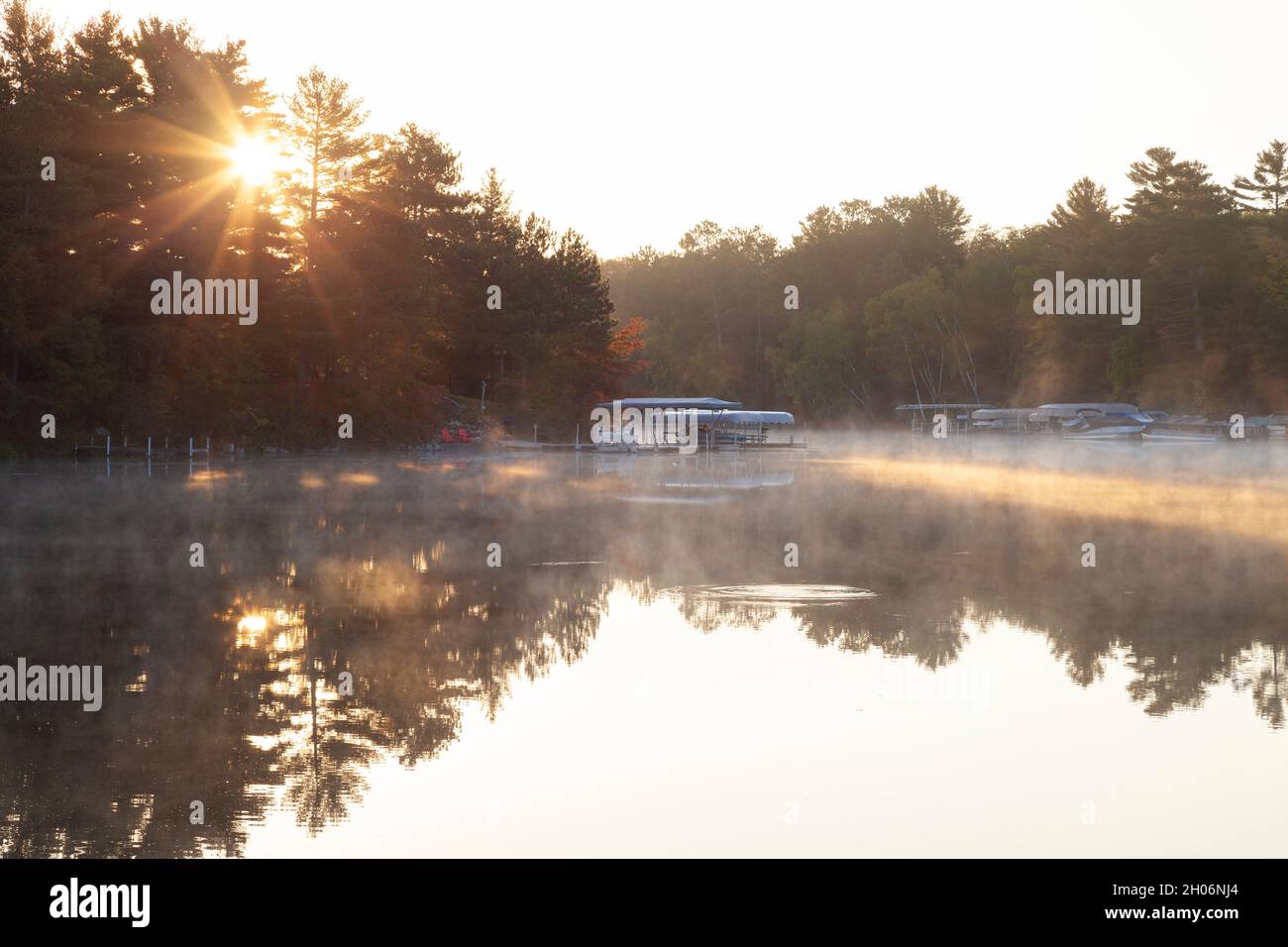 Calm lake and trees with docks and boats at sunrise in northern Minnesota Stock Photo