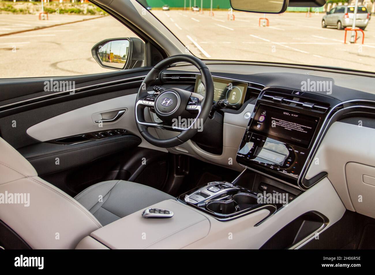 MOSCOW, RUSSIA - AUGUST 27, 2021 Hyundai Tucson Fourth generation NX4  interior view. HCompact crossover SUV. Interior detail close up view Stock  Photo - Alamy