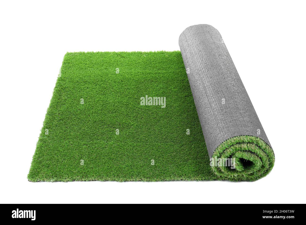 Rolled artificial grass carpet on white background. Exterior element