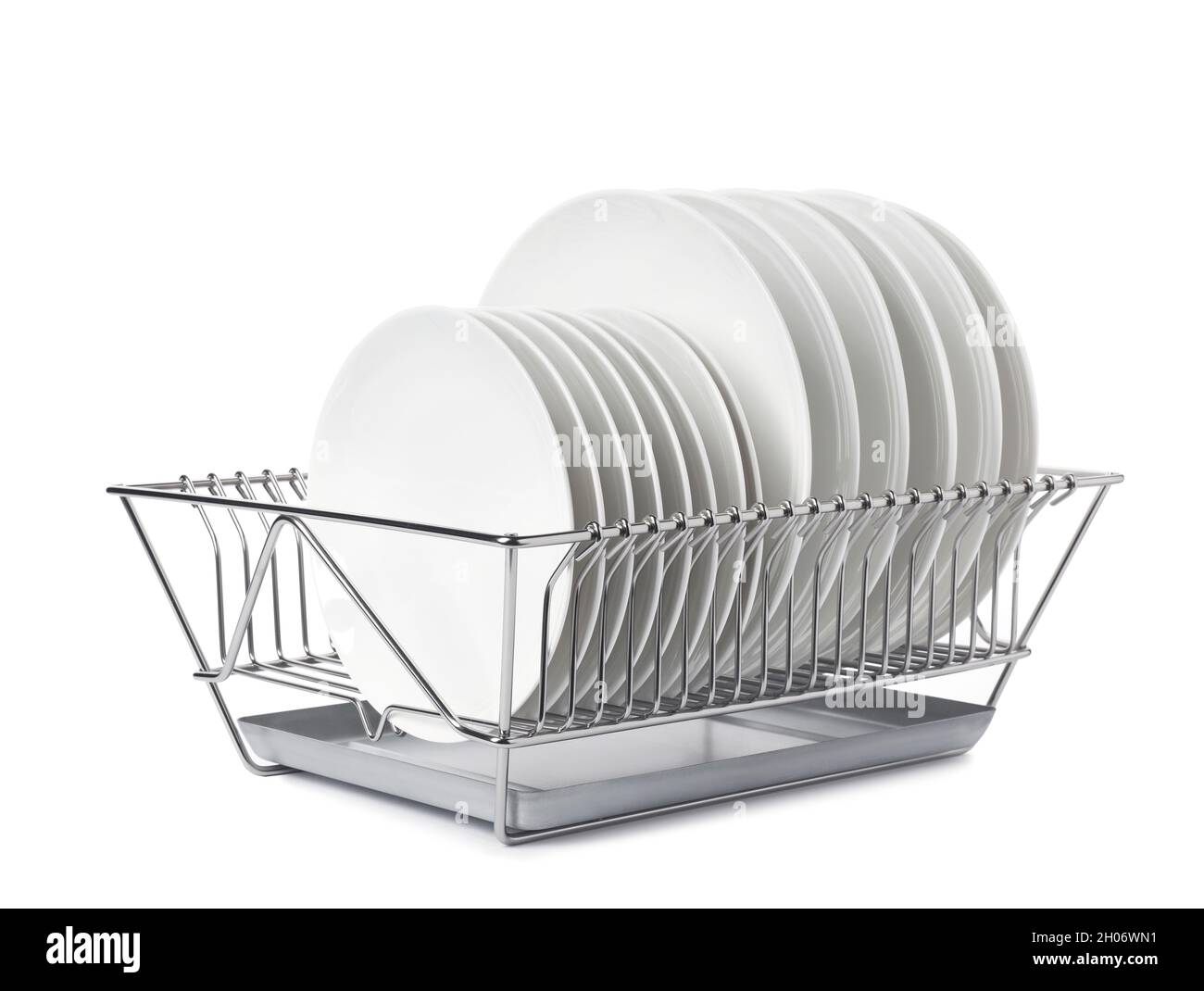 Rack with clean dishes on white background Stock Photo Alamy