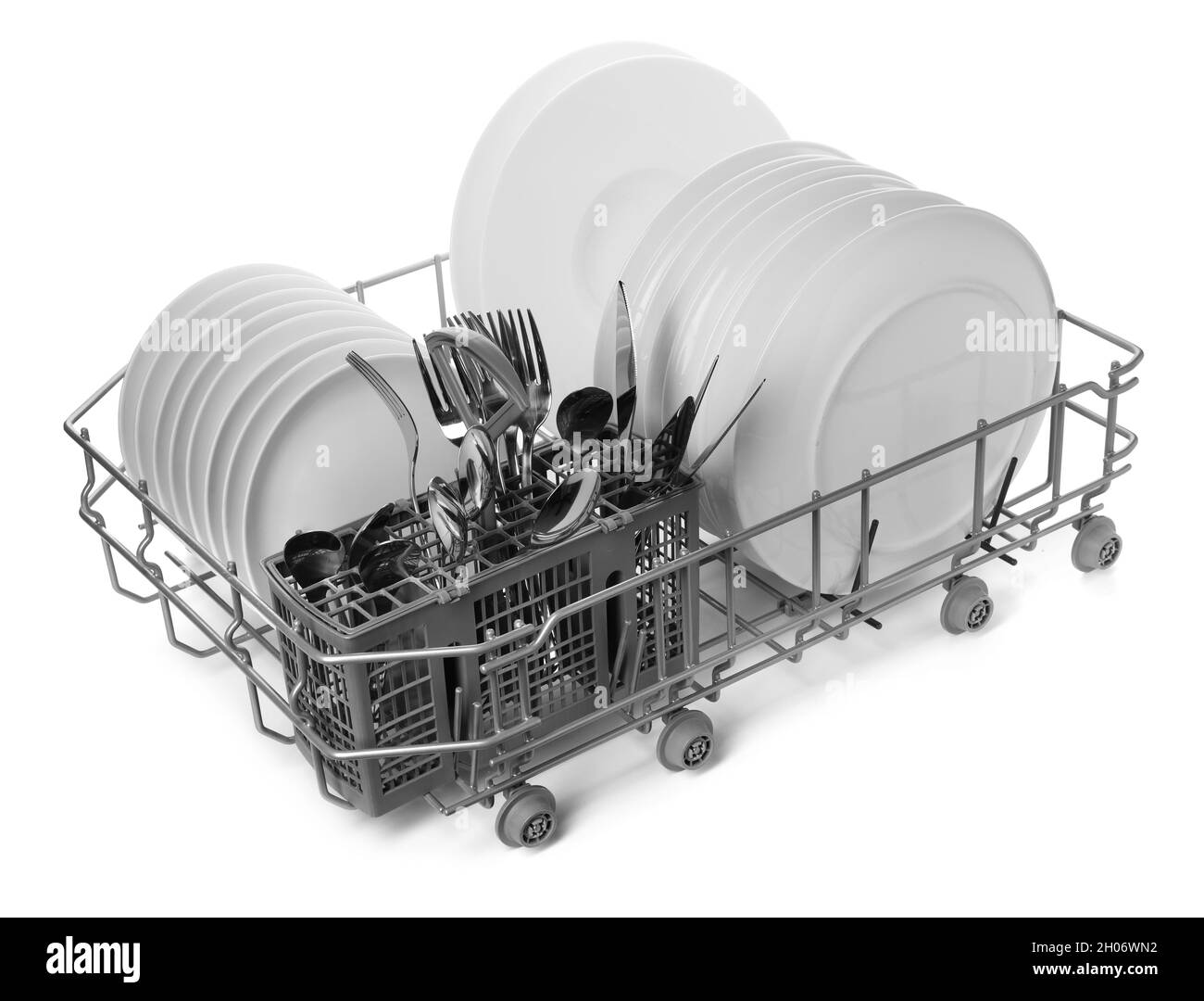 Rack with clean dishes and utensils on white background Stock Photo Alamy