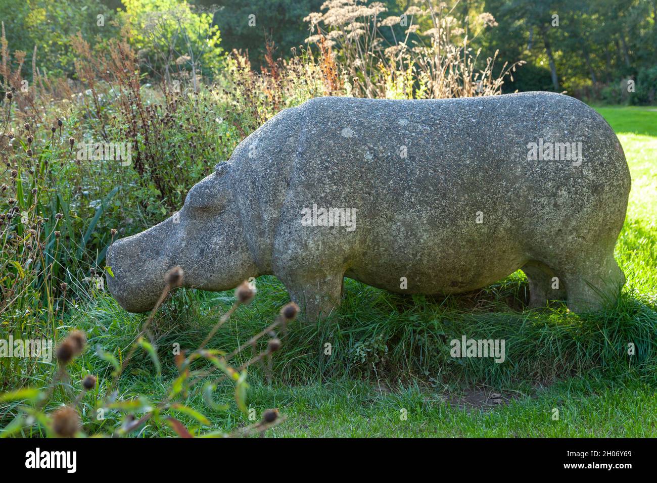 A concrete statue of a hippo, hippopotamus, in Riverside Park