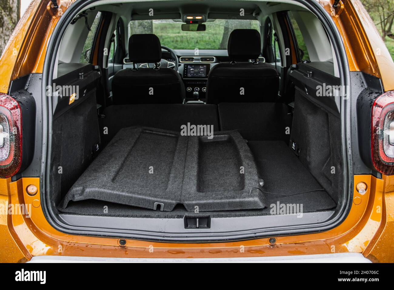 Huge, clean and empty car trunk of a modern compact suv. Rear view of a