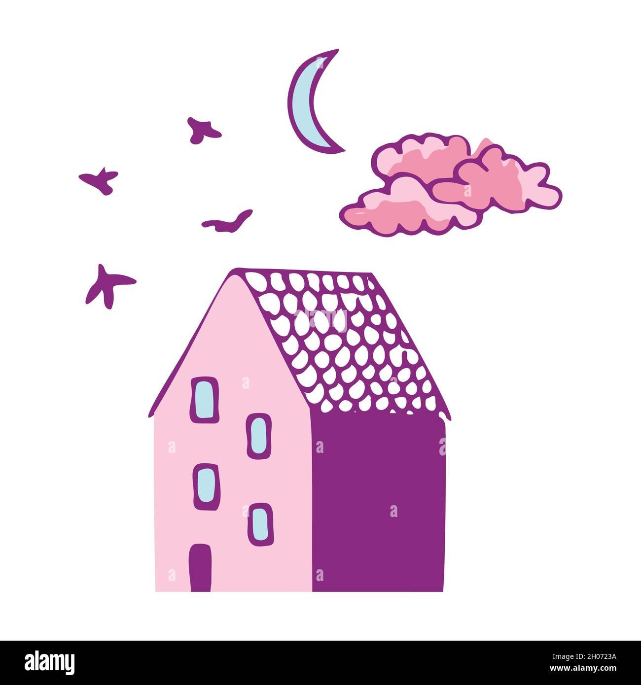 Vector illustration of a house with birds, sky and moon. Doodle design elements.  Stock Vector