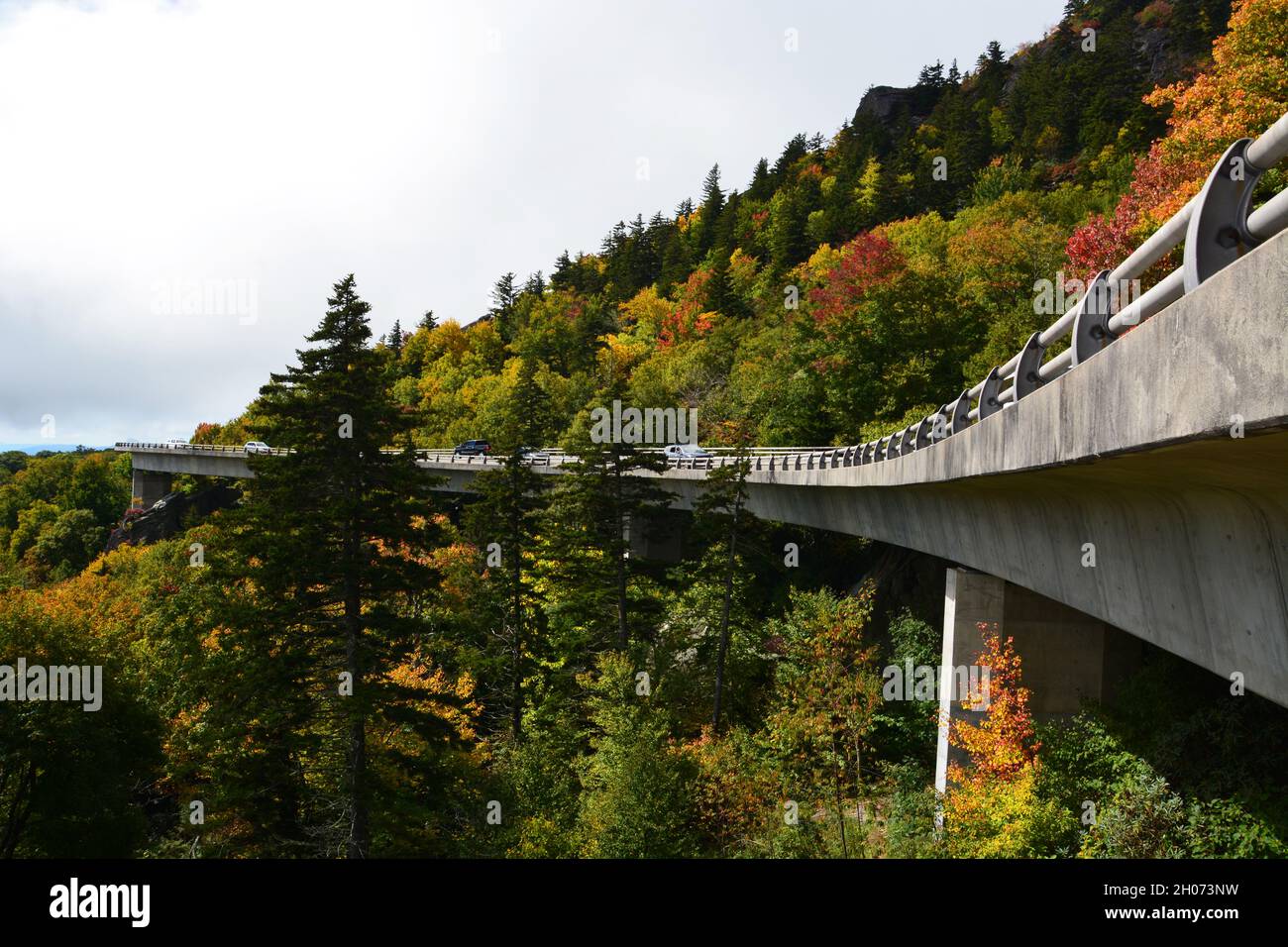 View of the iconic Linn Cove Viaduct from below the roadway on the Blue