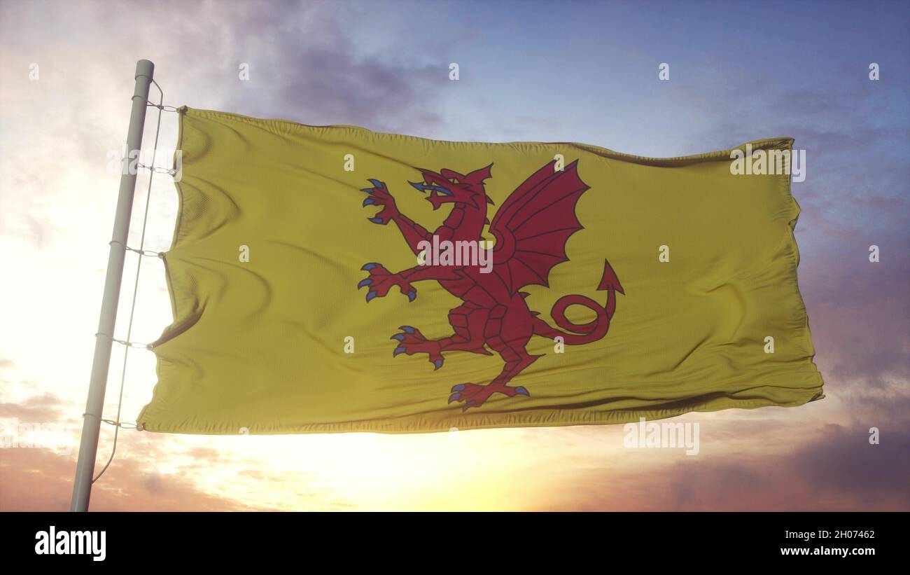 Somerset flag, England, waving in the wind, sky and sun background. 3d rendering Stock Photo