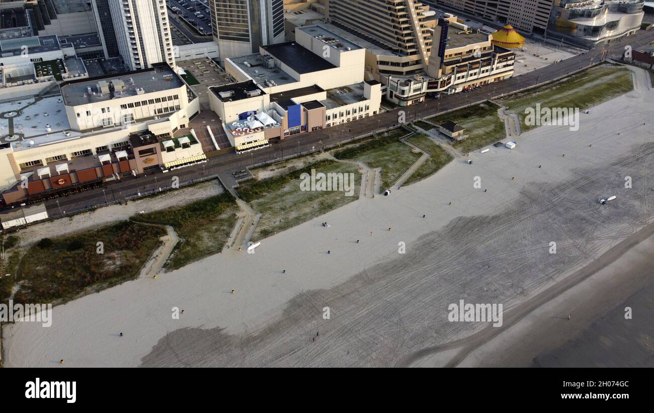 ATLANTIC CITY, UNITED STATES - Sep 13, 2021: Aerial view of Beach and Boardwalk in Atlantic City, NJ with Showboat and Hard Rock Hotel and Casino in t Stock Photo
