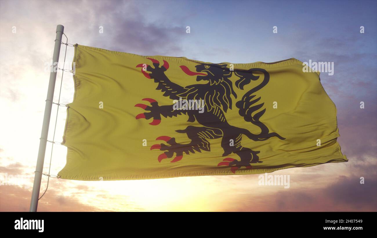 Nord-Pas-de-Calais flag, France, waving in the wind, sky and sun background. 3d rendering Stock Photo