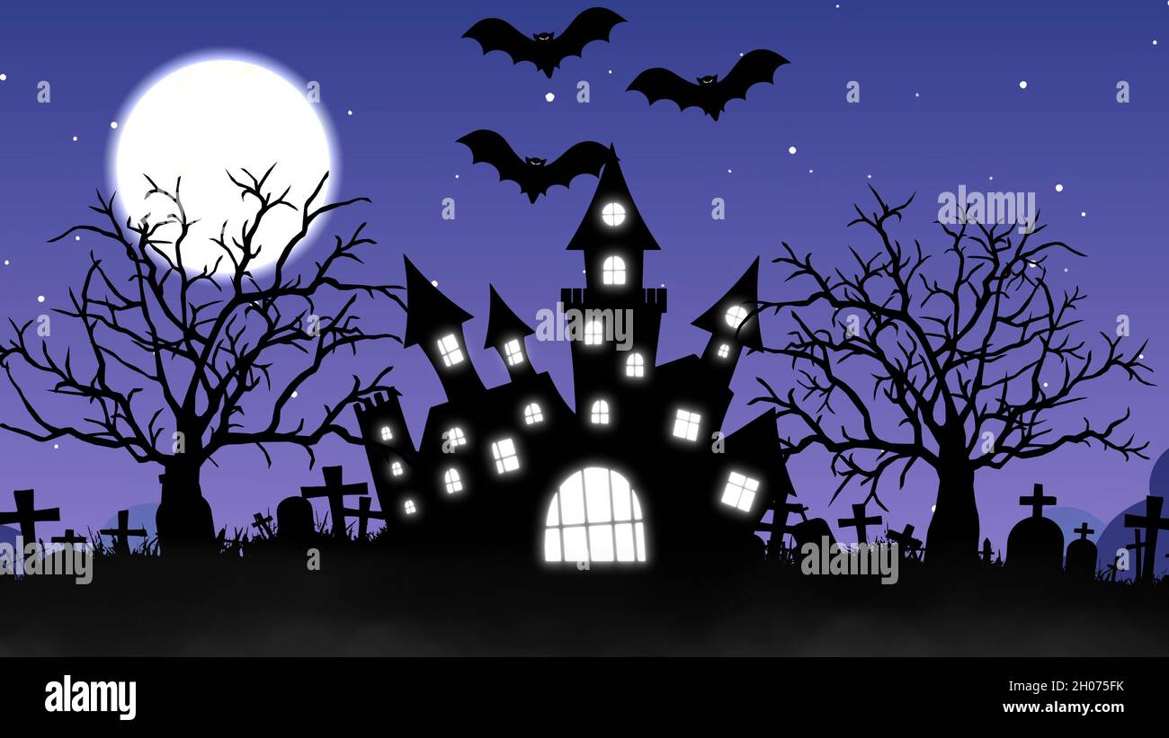 Halloween background with the concept of Haunted Castle, Moon and Bats. 3d  rendering Stock Photo - Alamy
