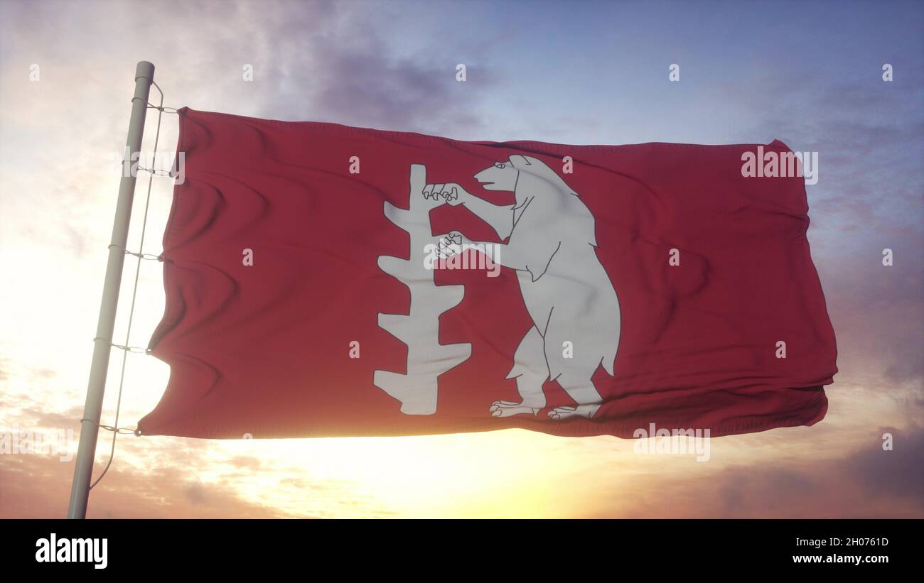 Warwickshire flag, England, waving in the wind, sky and sun background. 3d rendering Stock Photo
