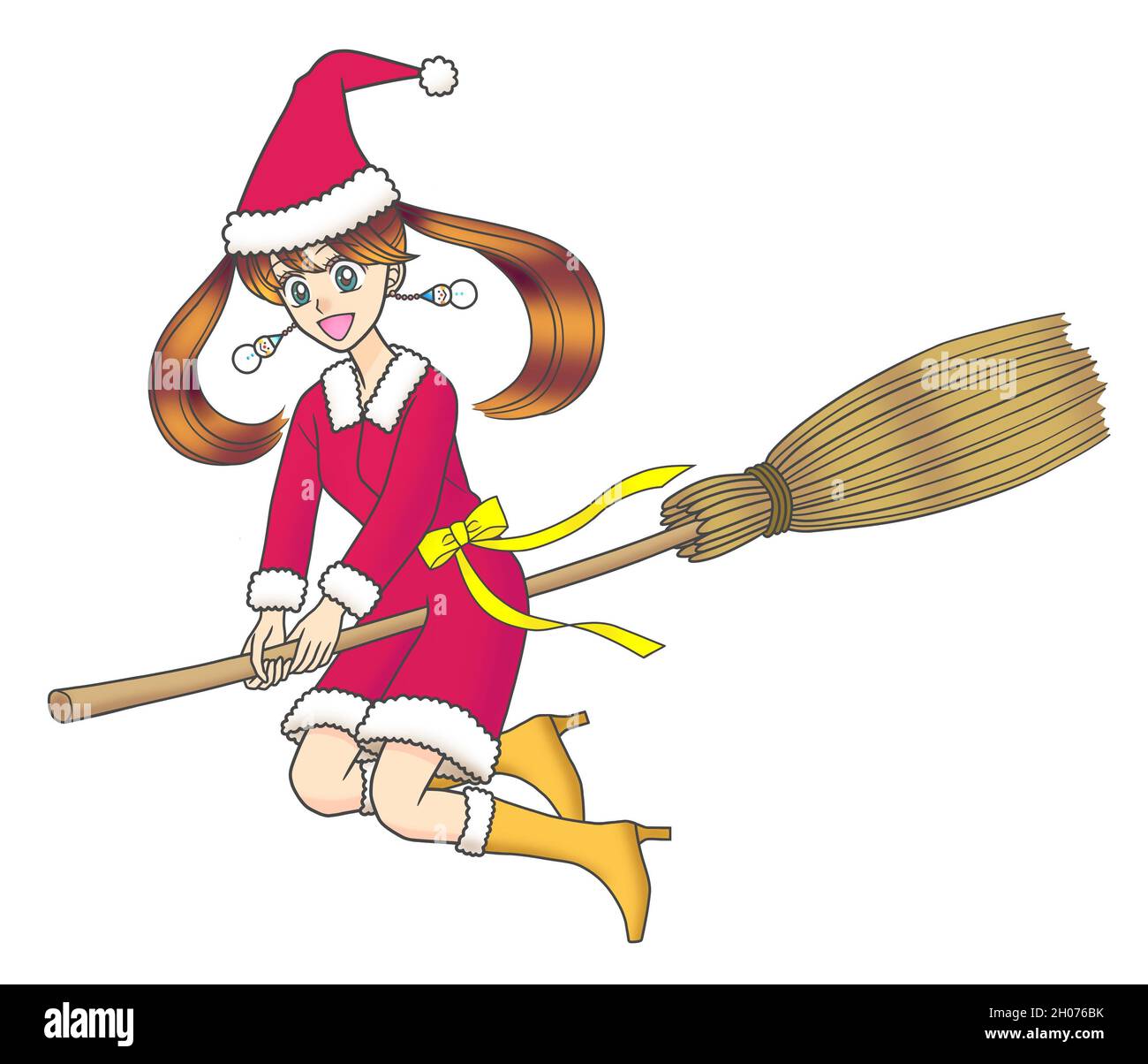 A young woman in a Santa Claus costume flying on a broom Stock Photo