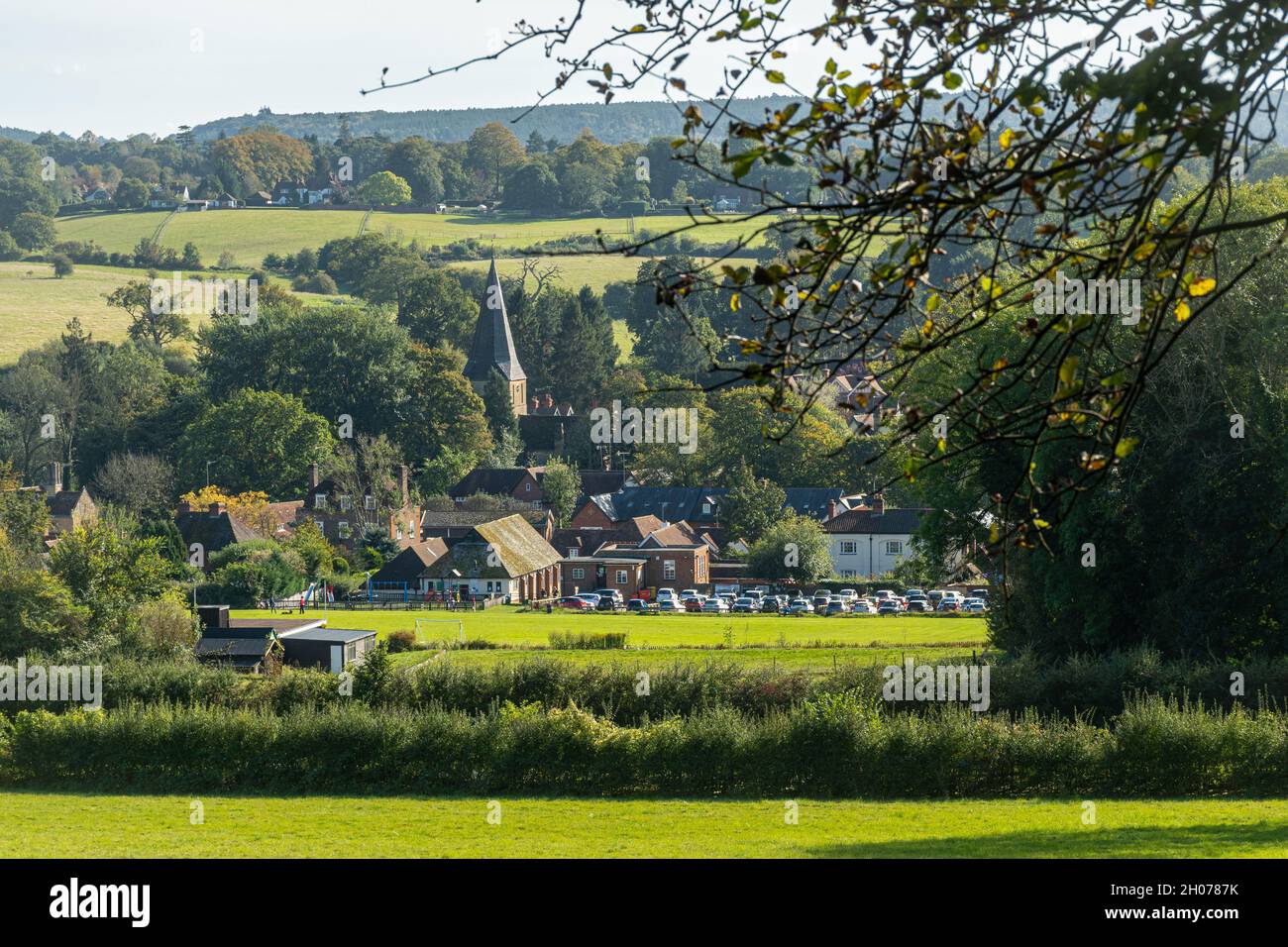 View over Shere village in the Surrey Hills Area of Outstanding Natural Beauty, England, UK, on a sunny October or autumn day Stock Photo