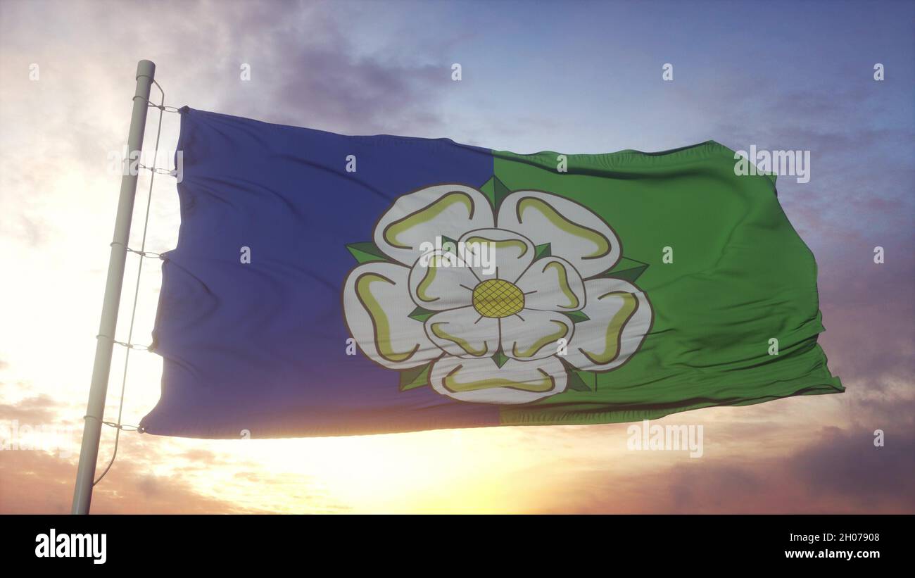 East Riding of Yorkshire flag, England, waving in the wind, sky and sun background. 3d rendering Stock Photo