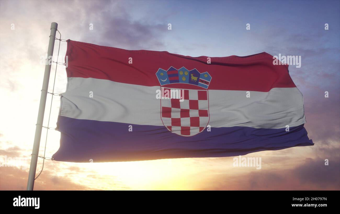 flag-of-croatia-waving-in-the-wind-sky-and-sun-background-3d
