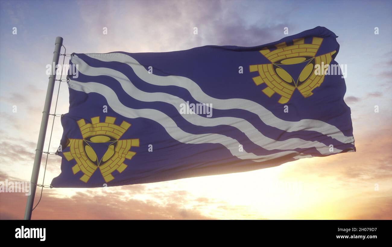 Merseyside flag, England, waving in the wind, sky and sun background. 3d rendering Stock Photo