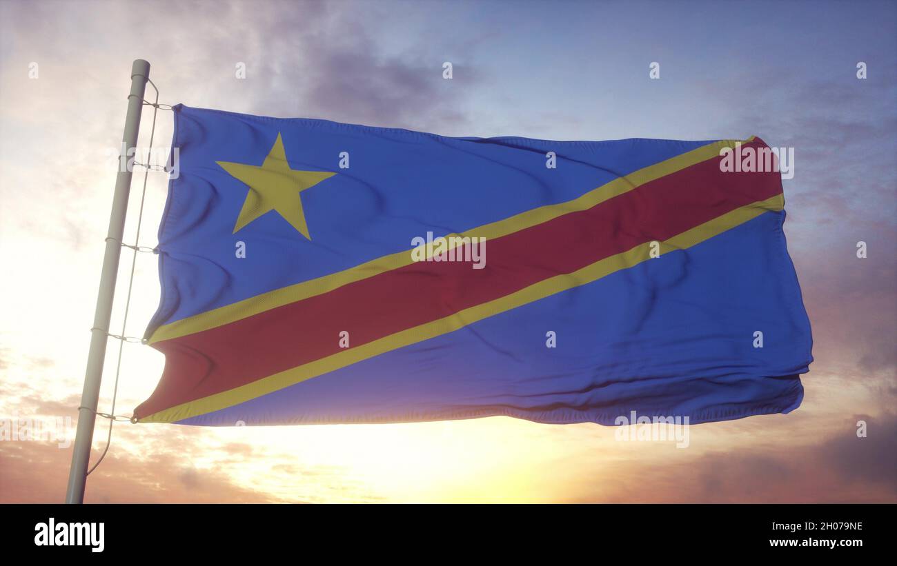 Democratic Republic of the Congo flag waving in the wind, sky and sun ...