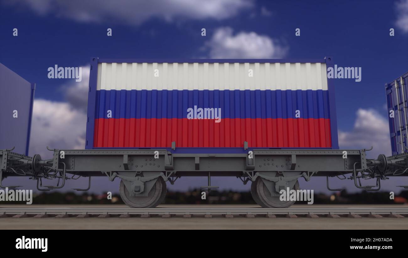 Train and containers with the flag of Russia. Railway transportation ...