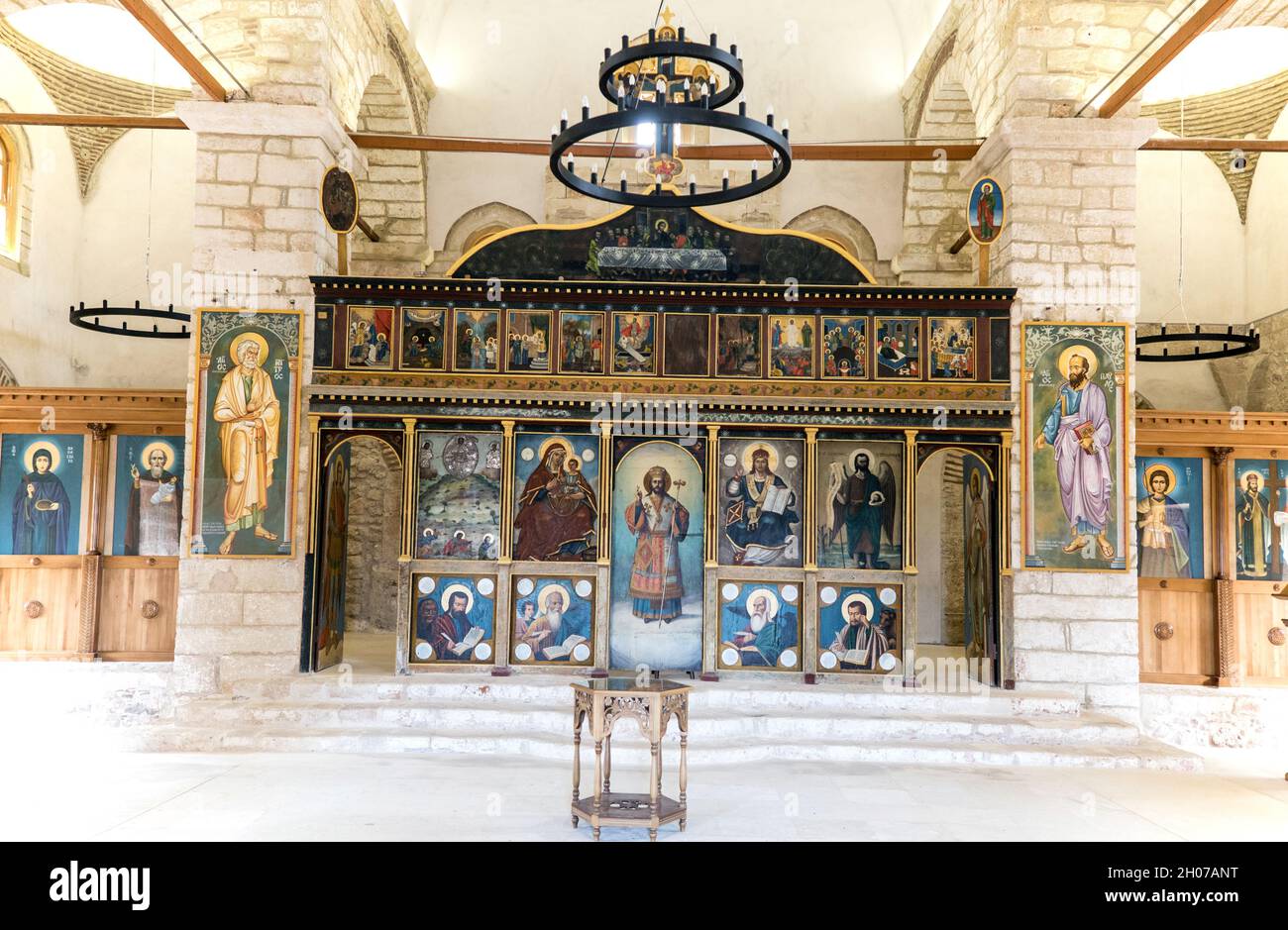 Frescos of The Saints inside Traditional Greek Orthodox Church inside Pylos Castle Peloponnese Greece Stock Photo