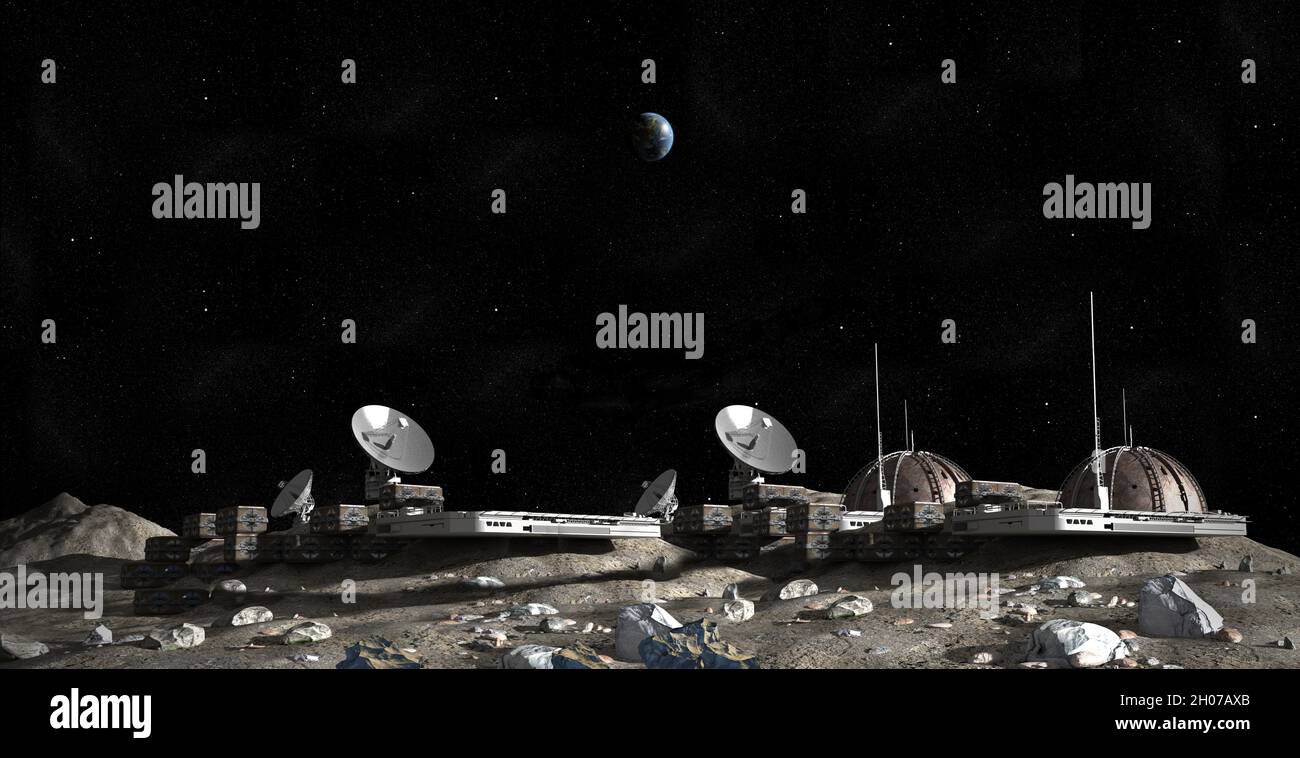 3D Illustration of a lunar base settlement with dome structures ...