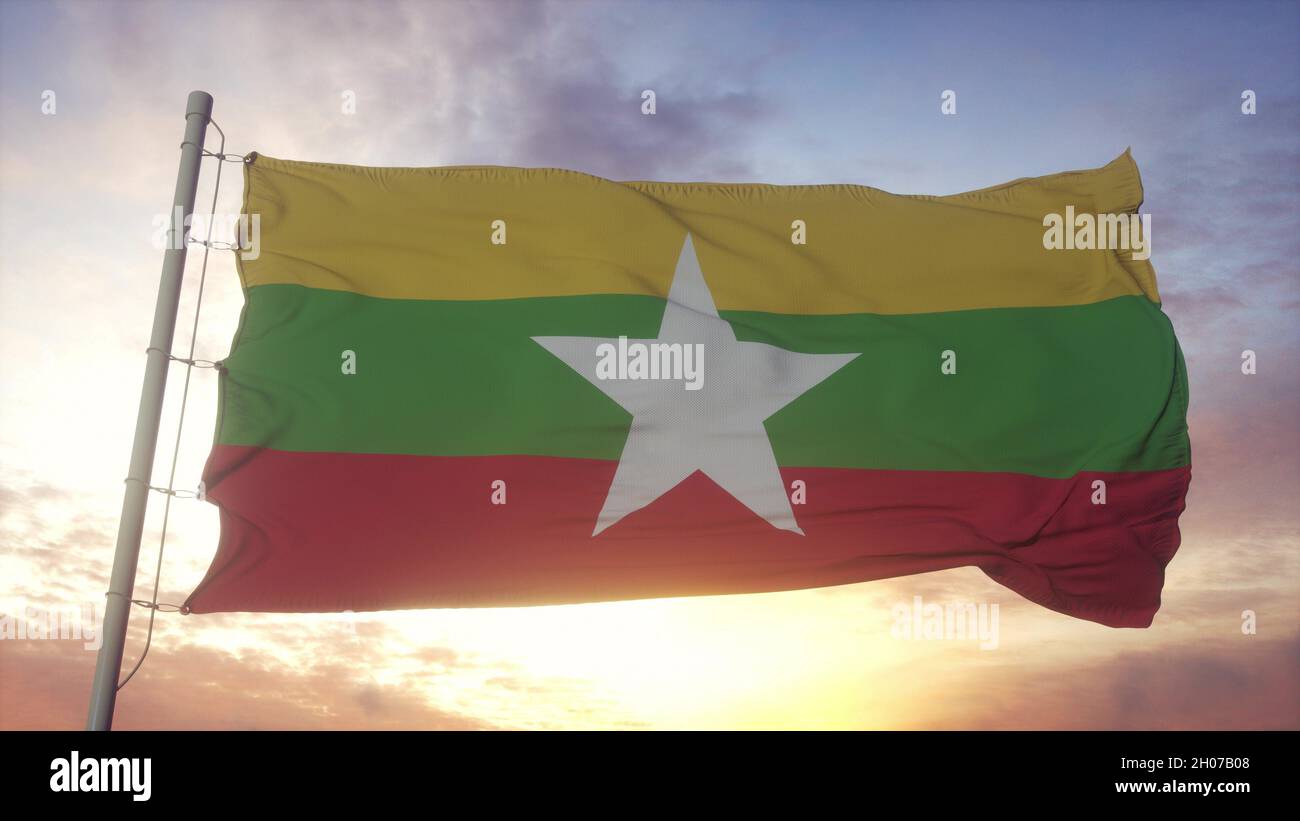 Flag of Myanmar waving in the wind, sky and sun background. 3d ...