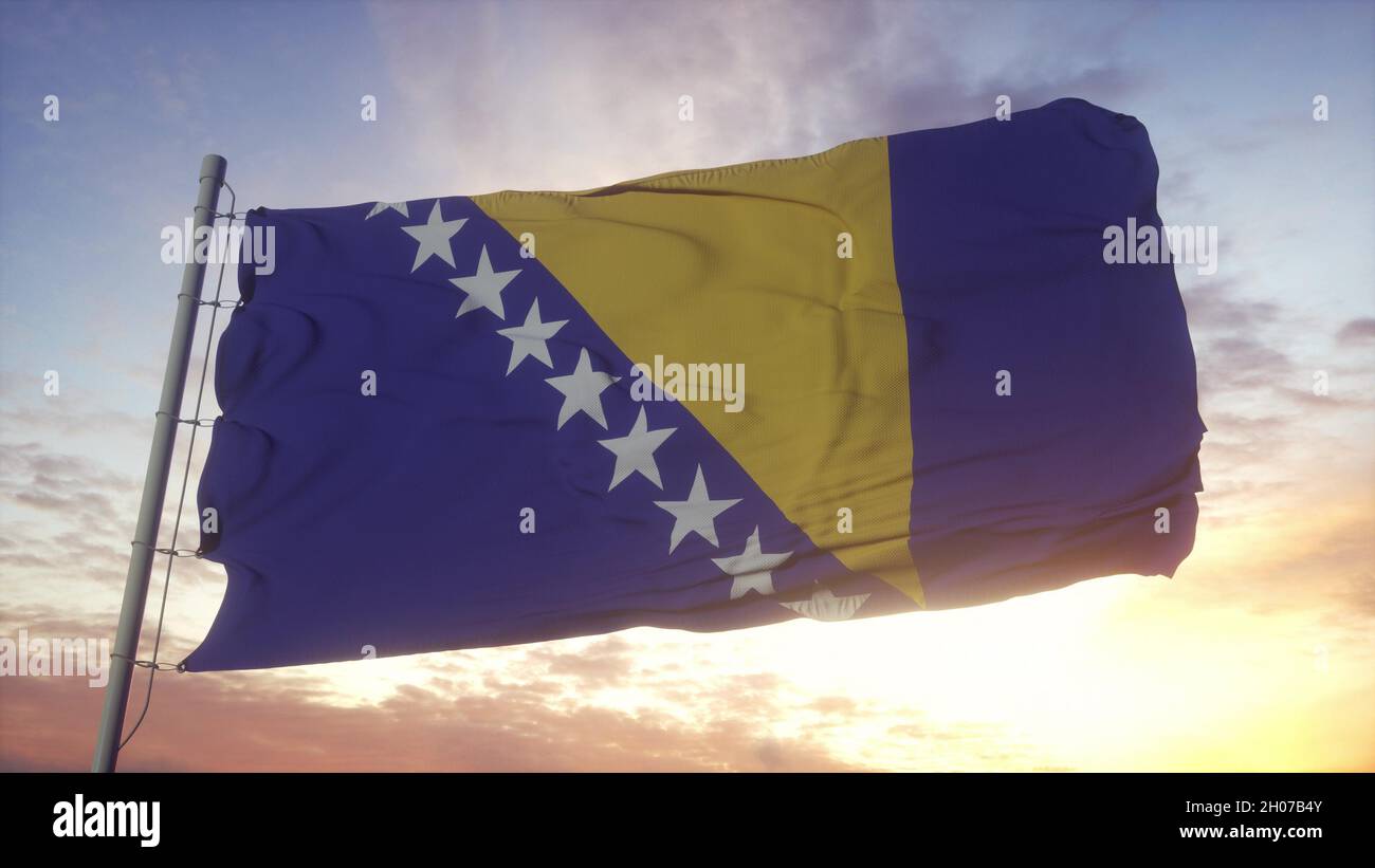 Flag of Bosnia and Herzegovina waving in the wind, sky and sun ...