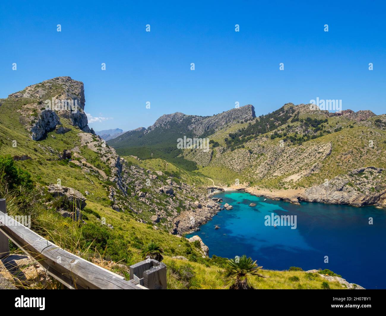Cap Formentor Cala Figuera turquoise waters between the rocky landscape, Maiorca Stock Photo