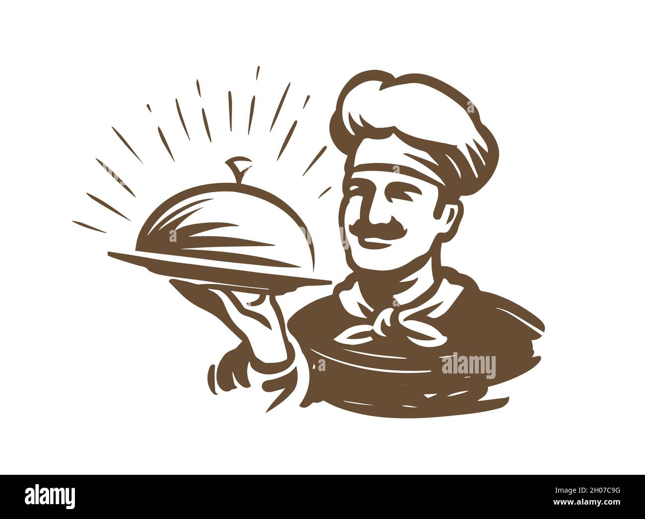 Chef with food tray logo, emblem. Vintage sketch vector illustration