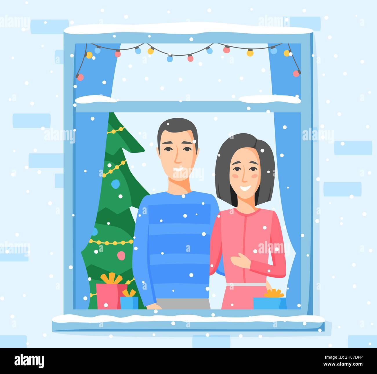 Happy couple, man, woman, look out of window decorated with lamp garland. Christmas tree and gifts. Winter holidays illustration. Vector Stock Vector