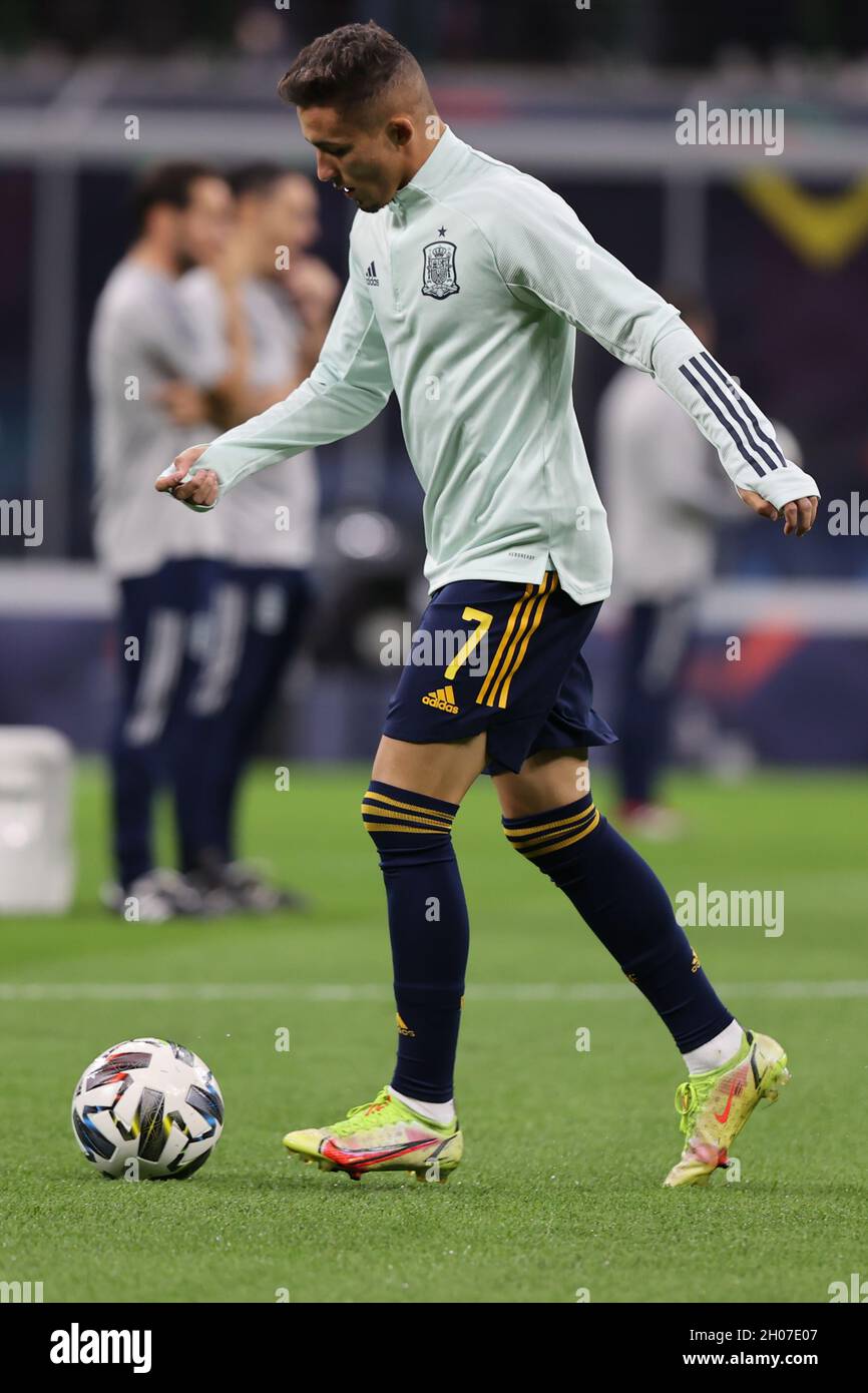 Milan, Italy. 10th Oct, 2021. Yeremi Pino of Spain warms up during the UEFA  Nations League Finals 2021 final football match between Spain and France at  Giuseppe Meazza Stadium, Milan, Italy on