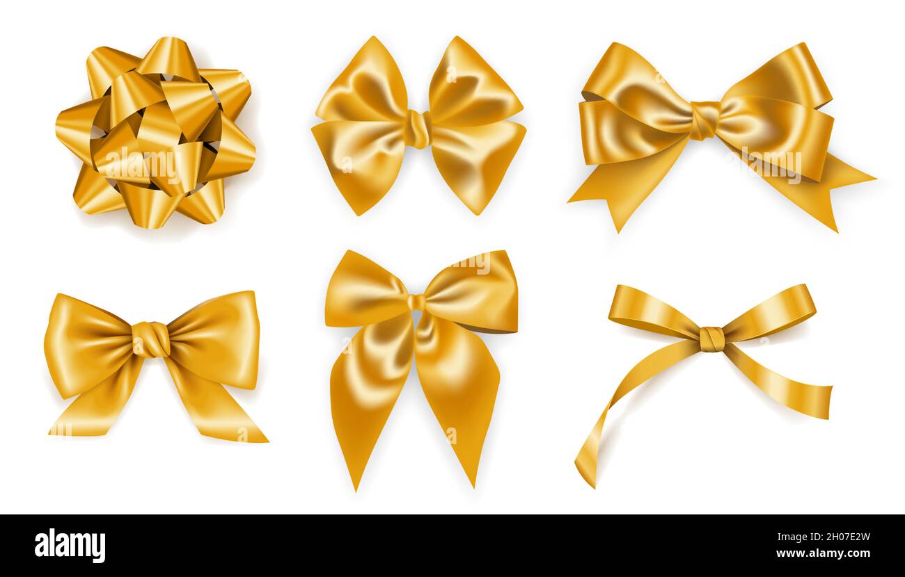 Set of realistic golden ribbons bows, decoration for gift boxes, design element Stock Vector